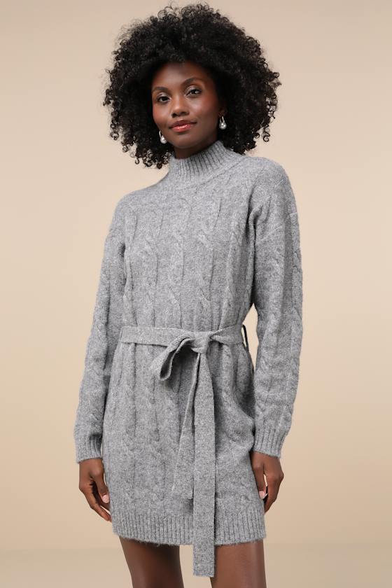Warmed Up To You Cream Cable Knit Mock Neck Sweater Dress #Color_Heather Grey