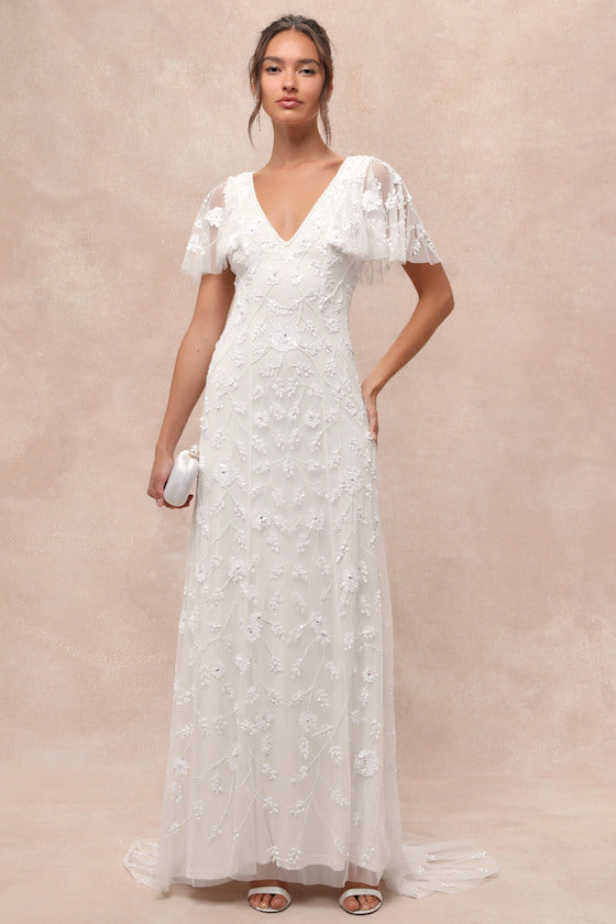 Safiya White Sequin Flutter Sleeve Maxi Dress #Color_White