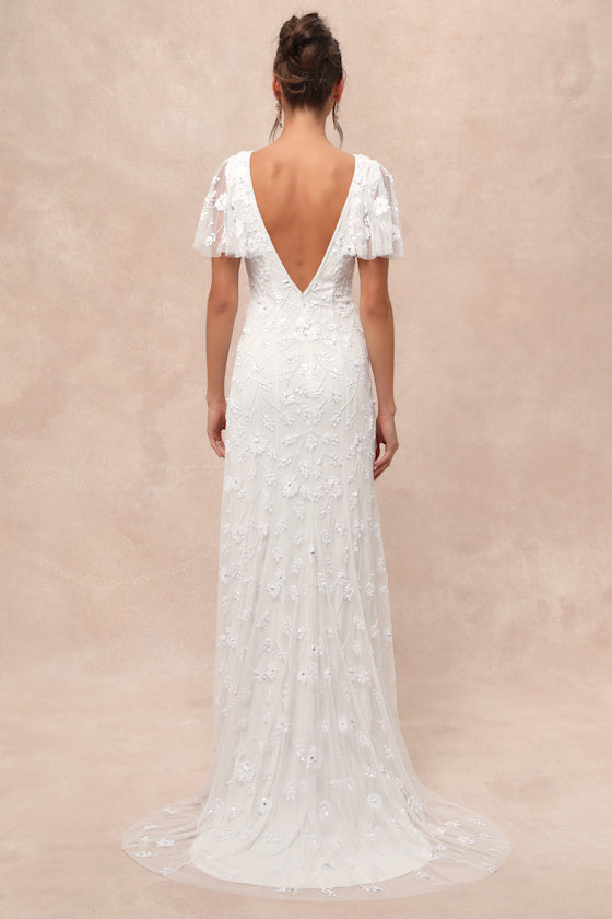 Safiya White Sequin Flutter Sleeve Maxi Dress #Color_White