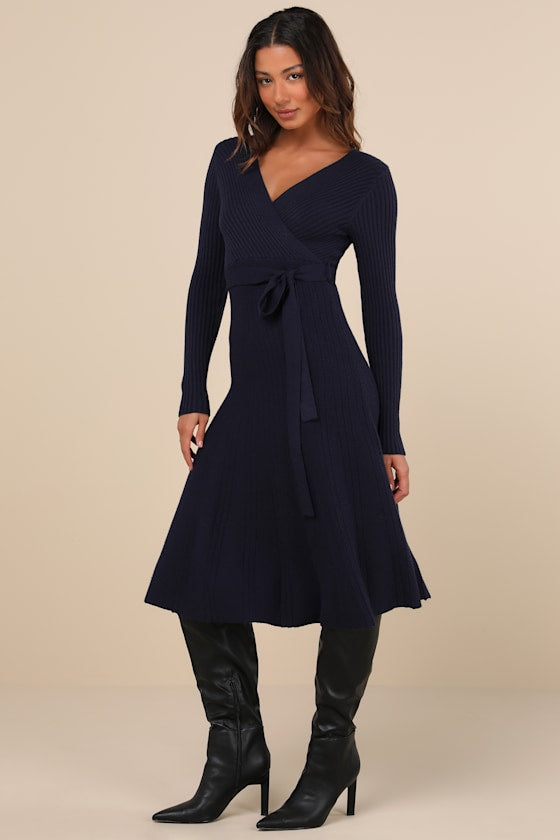 Warm Emotions Emerald Green Skater Midi Sweater Dress #Color_Navy Blue