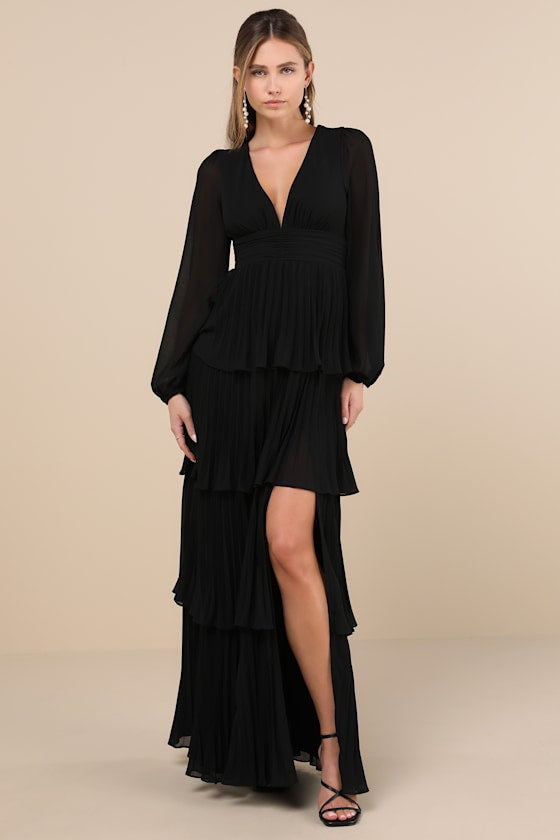 Graceful Finesse Plum Pleated Long Sleeve Maxi Dress