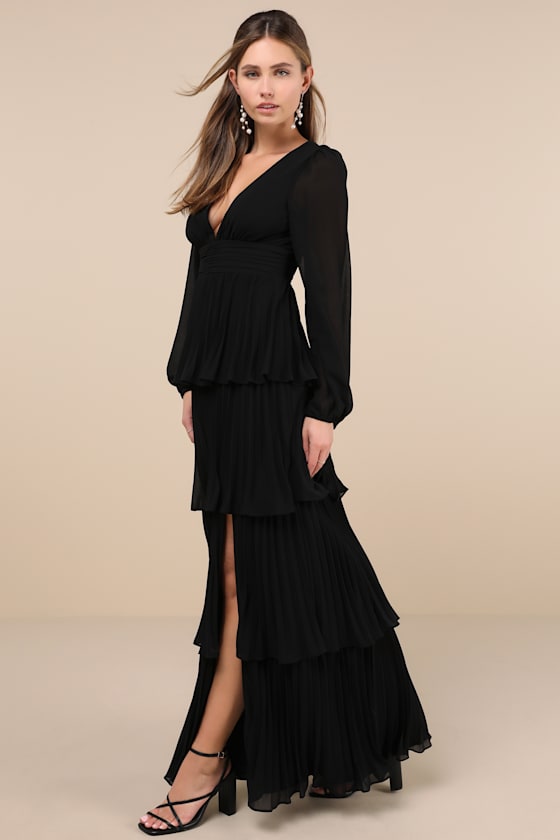 Graceful Finesse Black Pleated Long Sleeve Maxi Dress #Color_Black