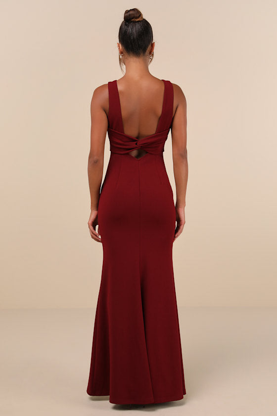 Love In Your Eyes Wine Red Knotted Mermaid Maxi Dress #Color_Wine Red