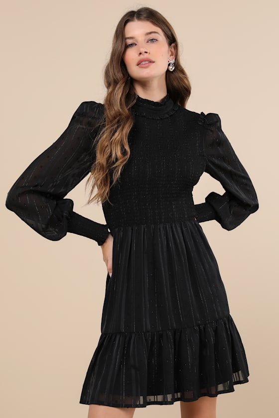 Heartful Romance Navy Striped Smocked Long Sleeve Mini Dress #Color_Black Striped