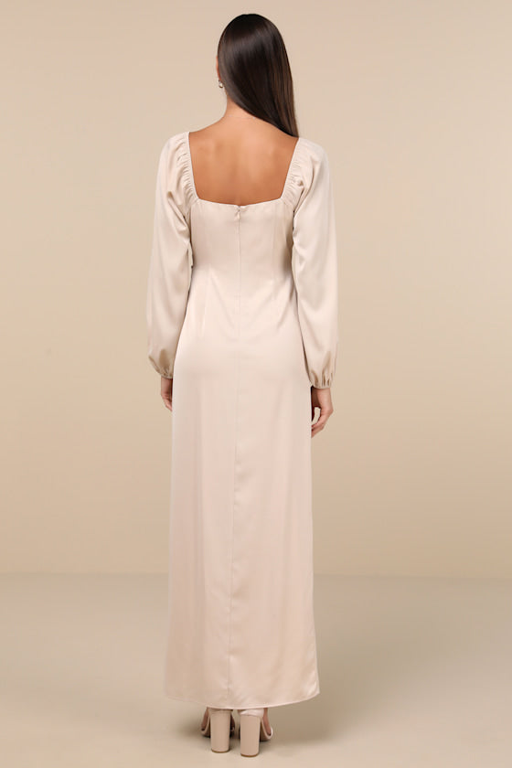 Eternal Heart Champagne Satin Long Sleeve Maxi Dress #Color_Champagne