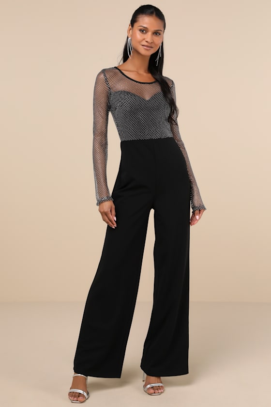 Beyond Glamorous Black Fishnet Rhinestone Jumpsuit #Color_Black
