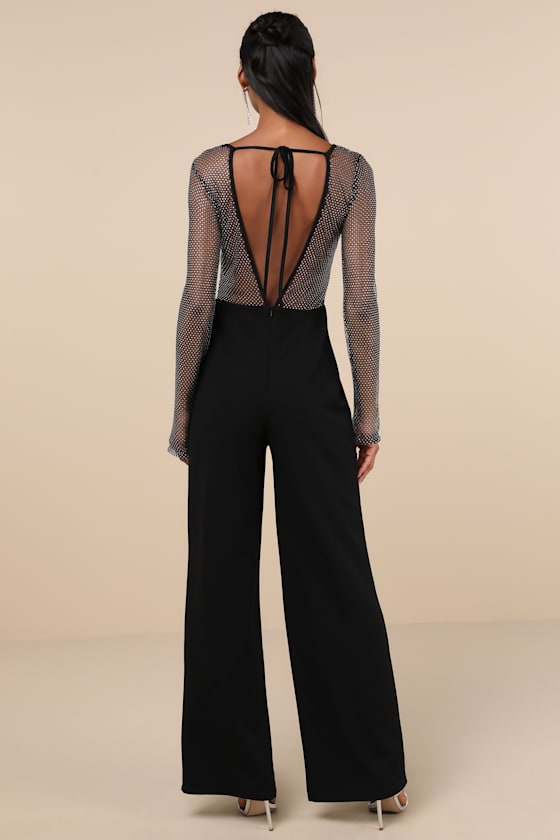 Beyond Glamorous Black Fishnet Rhinestone Jumpsuit #Color_Black