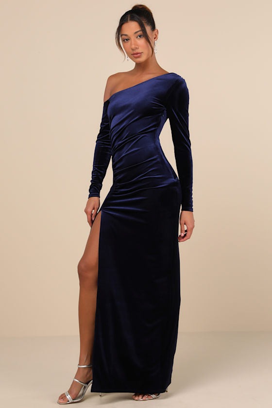 Notorious Icon Wine Red Velvet Asymmetrical Maxi Dress