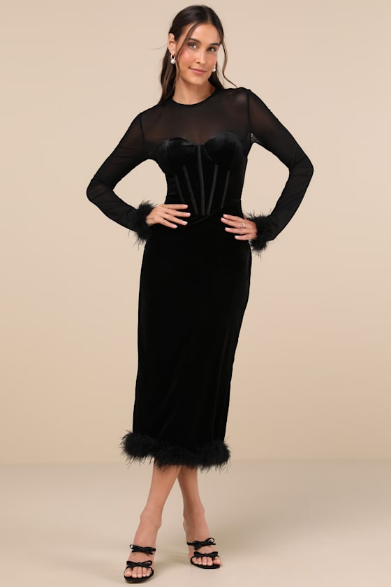 Sensational Situation Black Velvet Feather Bustier Midi Dress #Color_Black