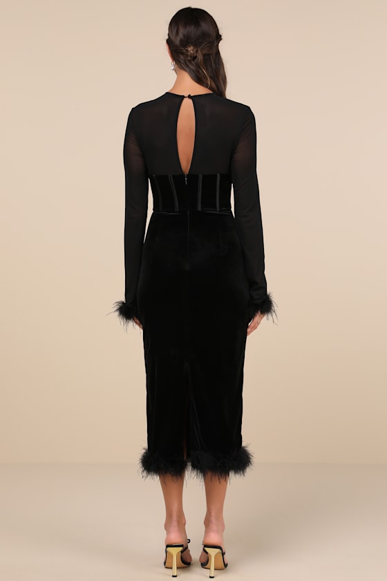 Sensational Situation Black Velvet Feather Bustier Midi Dress #Color_Black
