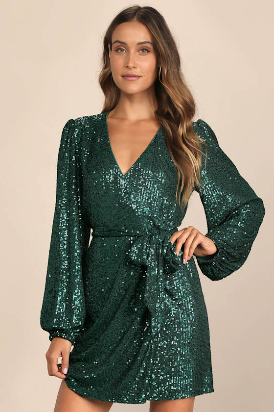 Sparkly Darling Silver Sequin Long Sleeve Wrap Dress #Color_Emerald Green