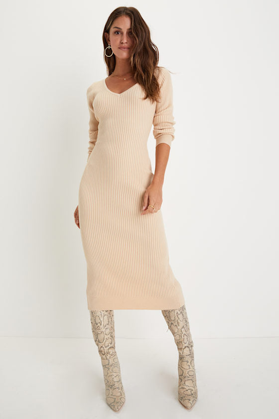 Everyday Beauty Beige Long Sleeve Ribbed Knit Sweater Dress #Color_Beige