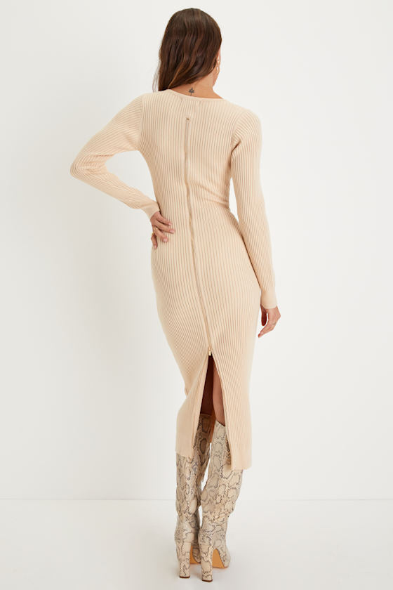 Everyday Beauty Beige Long Sleeve Ribbed Knit Sweater Dress #Color_Beige