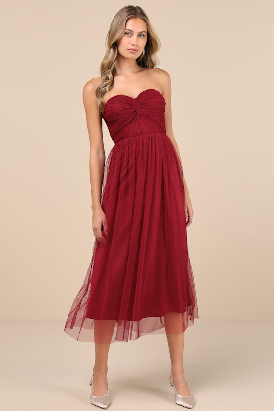 Perfect Whimsy Burgundy Mesh Strapless Midi Dress #Color_Burgundy