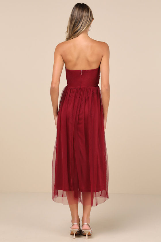 Perfect Whimsy Burgundy Mesh Strapless Midi Dress #Color_Burgundy