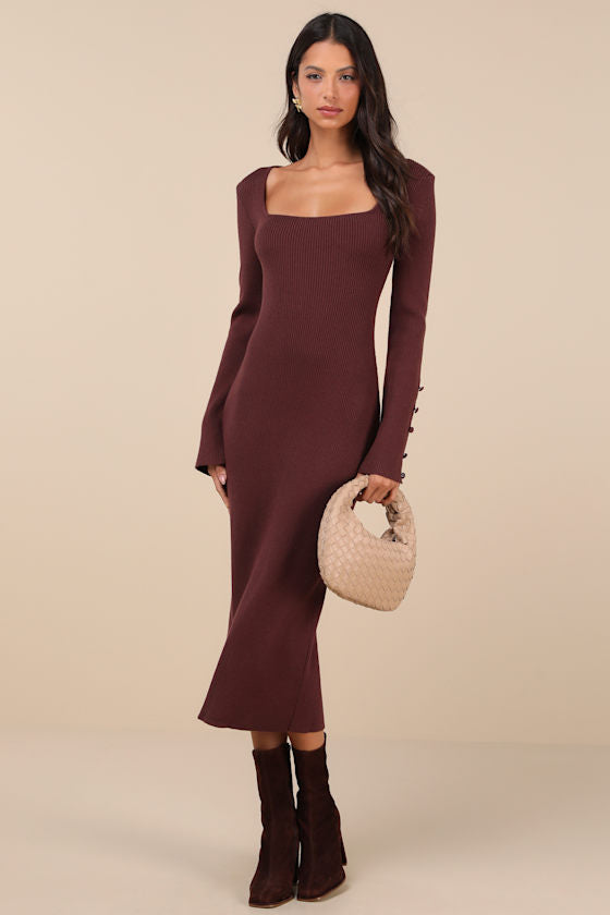 Classy Attitude Burgundy Ribbed Square Neck Midi Sweater Dress #Color_Brown