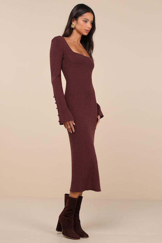 Classy Attitude Beige Ribbed Square Neck Midi Sweater Dress