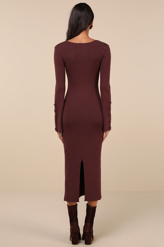 Classy Attitude Beige Ribbed Square Neck Midi Sweater Dress