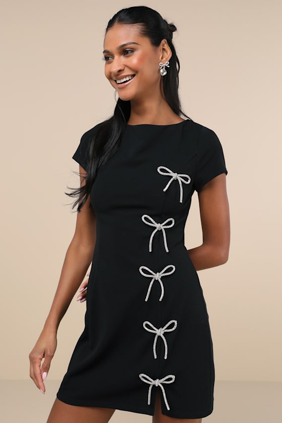 Endearing Sparkle Black Rhinestone Bow Mini Dress #Color_Black