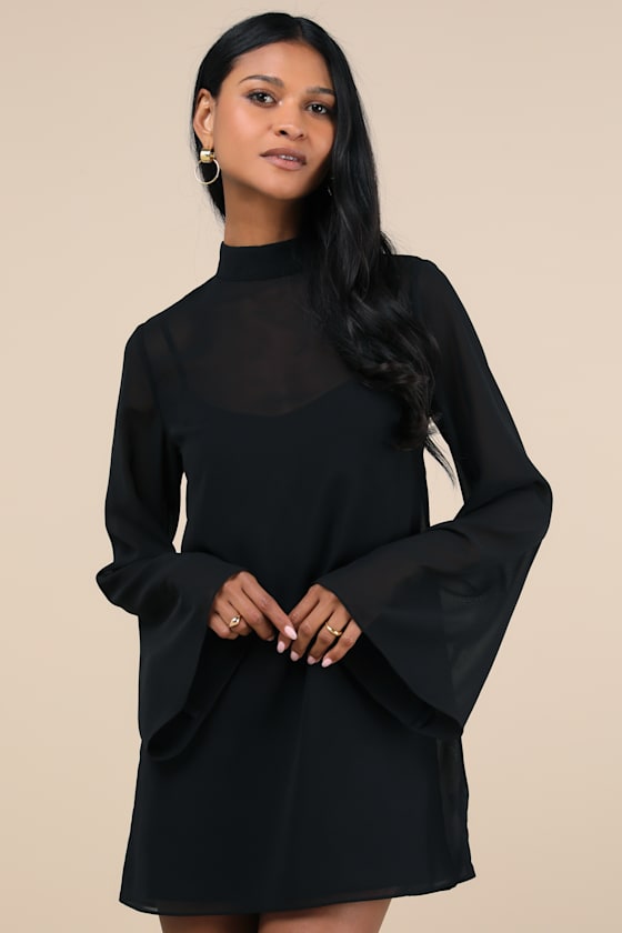 Perfected Charm Black Multi Floral Bell Sleeve Mini Shift Dress #Color_Black
