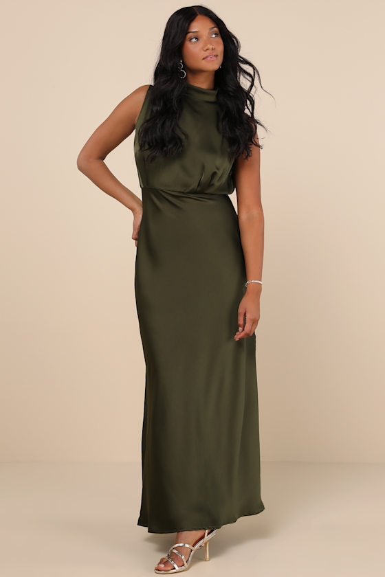 Classic Elegance Navy Satin Sleeveless Mock Neck Maxi Dress