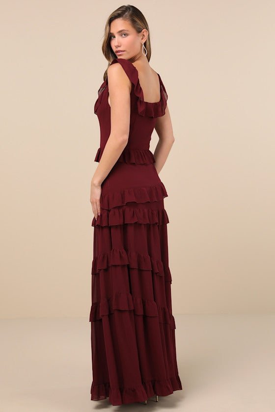 Compelling Romantic Rusty Rose Ruffled Tiered Maxi Dress