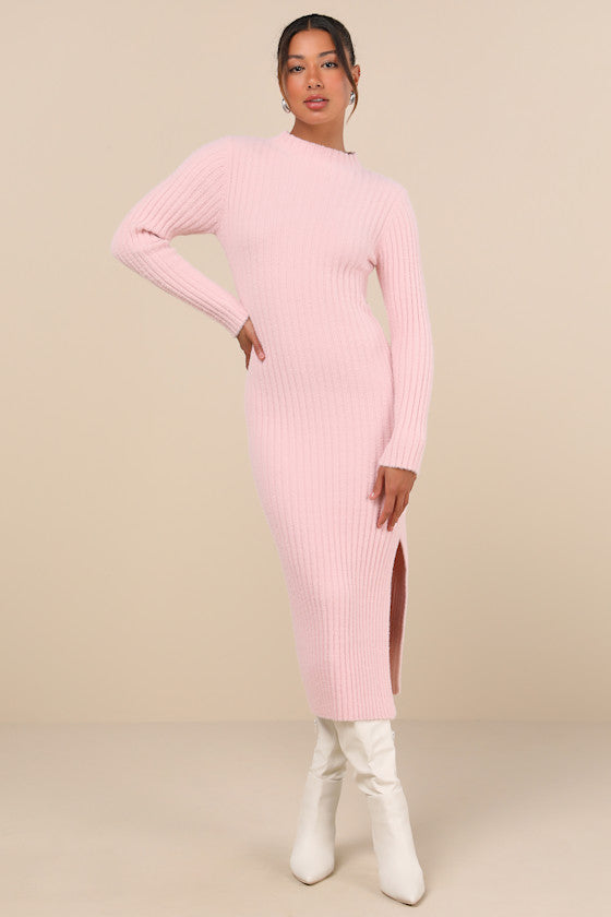 Irresistible Feelings Ivory Fuzzy Knit Midi Sweater Dress #Color_Light Pink