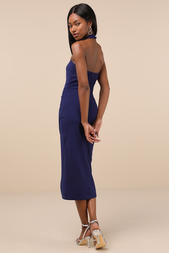 Prominent Charm Rust Brown Halter Bodycon Tulip Midi Dress