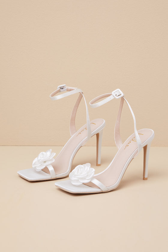 Aerianna White Satin Rosette Ankle Strap Sandals