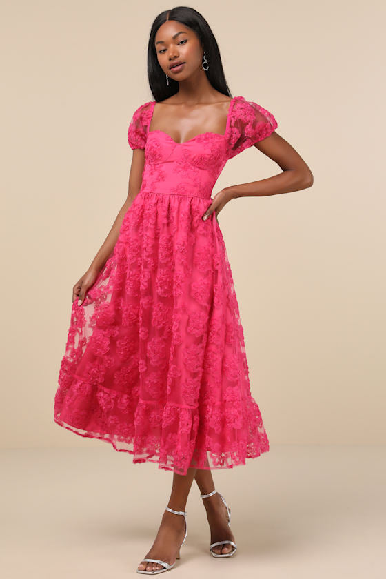 Notable Elegance Black Mesh Floral Applique Bustier Midi Dress #Color_Fuchsia