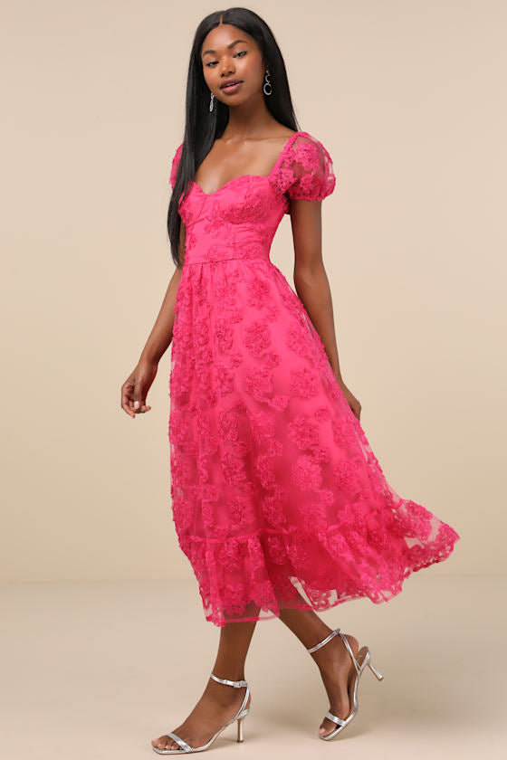 Notable Elegance Black Mesh Floral Applique Bustier Midi Dress