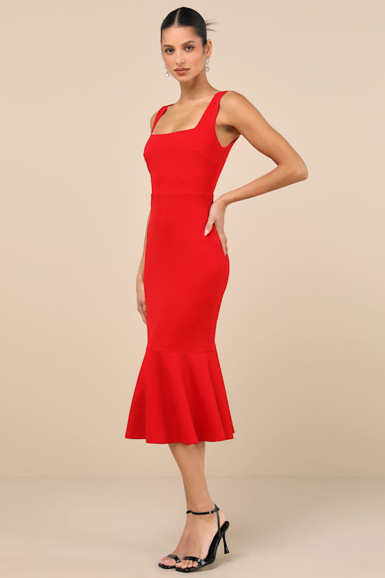 Moment Maker Cobalt Blue Square Neck Trumpet Midi Dress