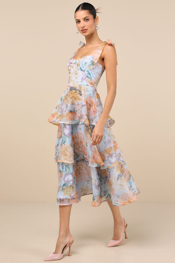 Playfully Posh Blush Floral Organza Tie-Strap Tiered Midi Dress