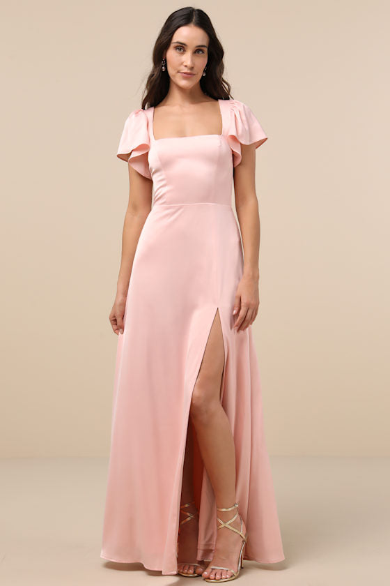 Ultimate Sweetness Emerald Green Satin Flutter Sleeve Maxi Dress #Color_Light Pink