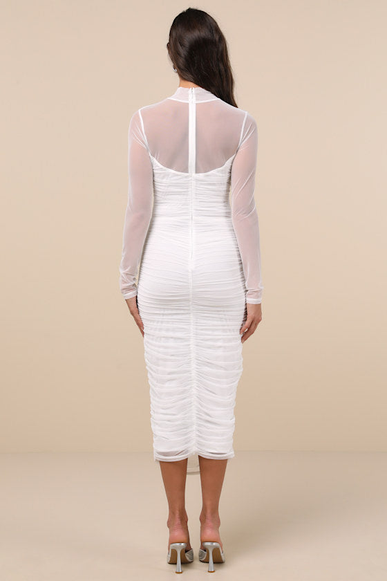 Impressive Flirt Navy Mesh Ruched Mock Neck Midi Dress