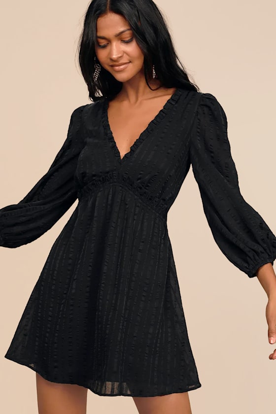Forever In My Heart Black Striped Balloon Sleeve Mini Dress #Color_Black