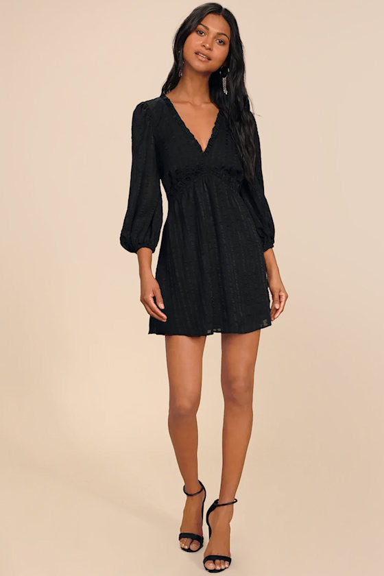 Forever In My Heart Black Striped Balloon Sleeve Mini Dress #Color_Black