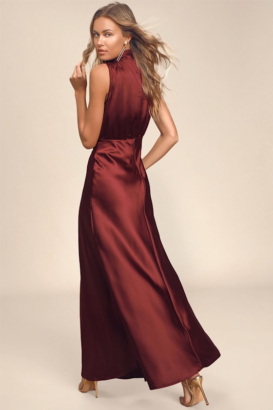 Classic Elegance Blush Satin Sleeveless Mock Neck Maxi Dress