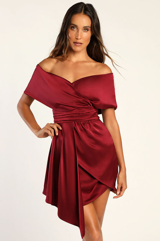 Always Celebrating Mauve Pink Satin Off-the-Shoulder Mini Dress