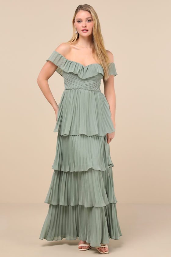 Always Remarkable Pink Pleated Off-the-Shoulder Maxi Dress #Color_Sage Brush