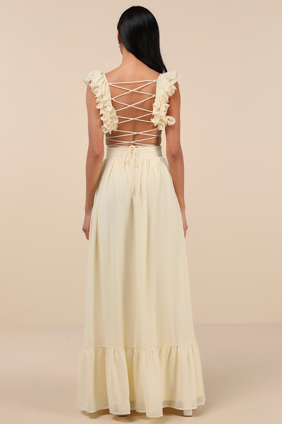 Soiree Celebration Blue Floral Ruffled Lace-Up Maxi Dress