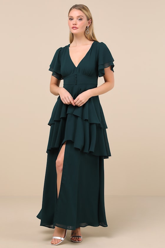 Midnight Mood Pink Floral Print Tiered Maxi Dress #Color_Emerald Green