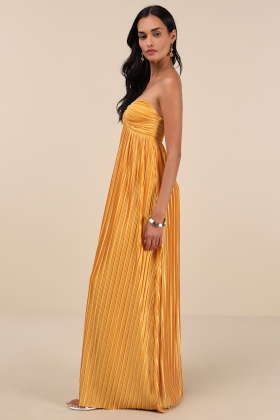 Whimsical Beauty Golden Yellow Satin Plisse Strapless Maxi Dress #Color_Golden Yellow