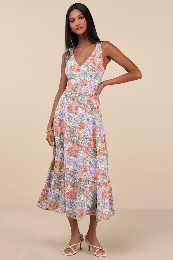 Your Only Darling Green Floral Print Sleeveless Midi Dress #Color_Lavender Floral Print