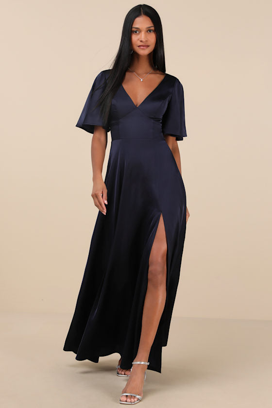 Elegant Confidence Teal Satin Flutter Sleeve Cutout Maxi Dress
