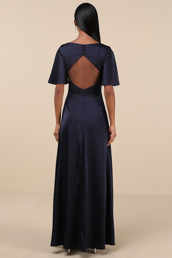 Elegant Confidence Teal Satin Flutter Sleeve Cutout Maxi Dress