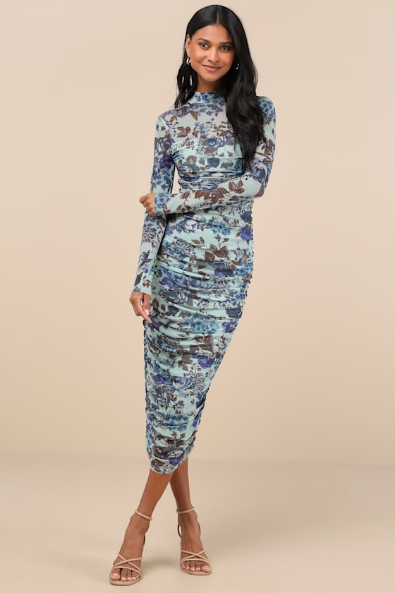 Impressive Flirt Navy Mesh Ruched Mock Neck Midi Dress