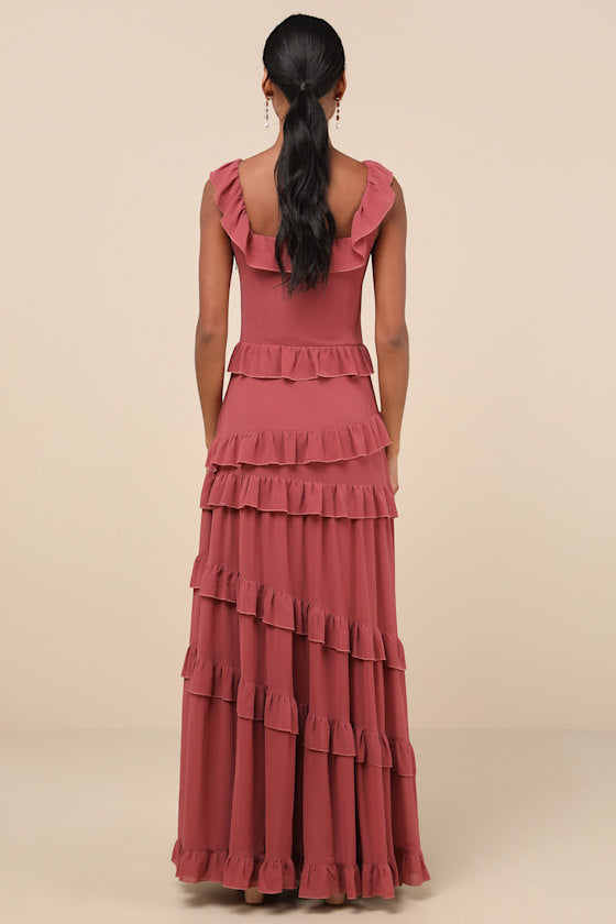 Compelling Romantic Rusty Rose Ruffled Tiered Maxi Dress #Color_Rusty Rose