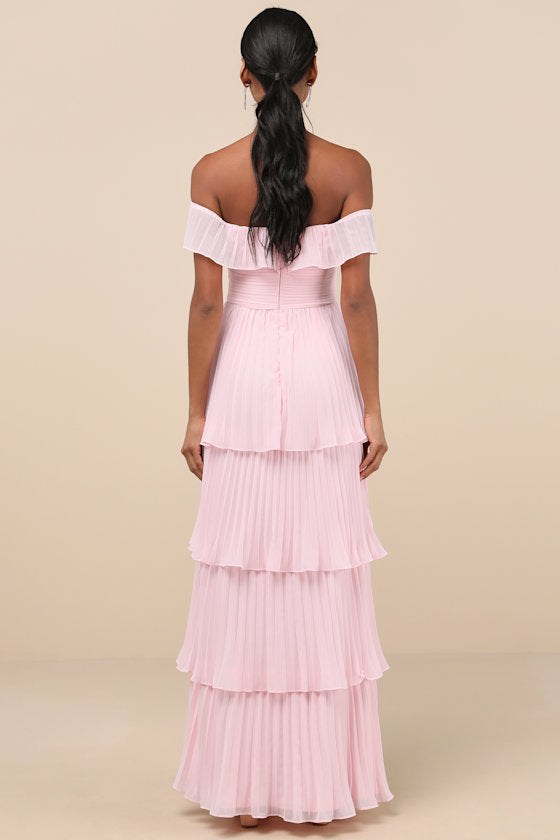 Always Remarkable Rusty Rose Pleated Off-the-Shoulder Maxi Dress