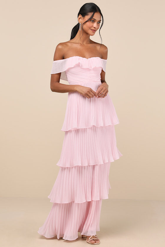 Always Remarkable Black Pleated Off-the-Shoulder Maxi Dress #Color_Pink